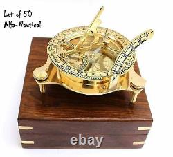 Marine Brass Sundial Compass With Wooden Box Set of 50 Unit Direction Compass