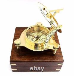 Marine Brass Sundial Compass With Wooden Box Set of 50 Unit Direction Compass