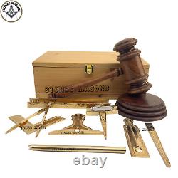 Masonic Standard Working Tools Set Gold Full Size Pine Wooden Box Gavel + Plate