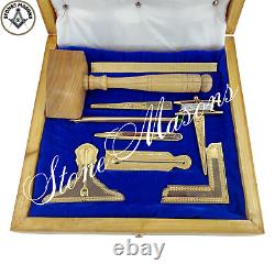 Masonic Working Tools Set Real Gold Plated Standard Full Size Natural Wooden Box