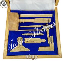 Masonic Working Tools Set Real Gold Plated Standard Full Size Natural Wooden Box