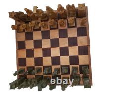 Mid Century Asian Chess Set Unique Pieces Made Of Stone In Wooden Box vintage