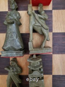 Mid Century Asian Chess Set Unique Pieces Made Of Stone In Wooden Box vintage