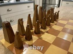 Mid-Century Modern Wooden Minimalist Chess Set With Box & Unique Board Awesome