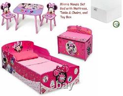 NEW 4 Piece Set Minnie Mouse Wood Toddler Bed, Mattress, Toy Box & Table Chair