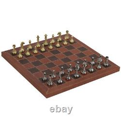 NEW Italfama Chess Set Metal Pieces/Leather Board/Wooden Box