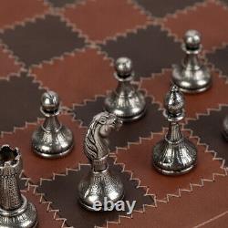 NEW Italfama Chess Set Metal Pieces/Leather Board/Wooden Box