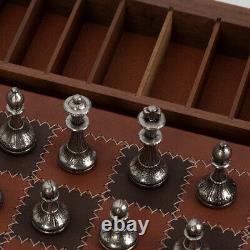 NEW Italfama Chess Set Metal Pieces/Leather Board/Wooden Box