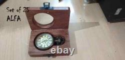 Nautical- Brass Pocket Compass Pocket Watch With Wooden Box Set of 25 Pieces