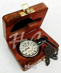 Nautical Clock Pocket Watch Chain Maritime Brass WithWooden Box SET OF 10 PCS