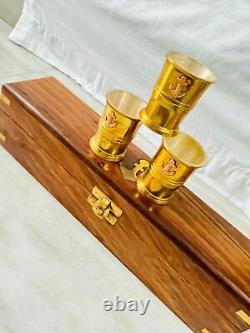 Nautical Marine Brass Anchor Shot Glasses With Wooden Box Set of 6 wine brass glas