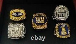 New York Giants 5 Championship Ring Set With Wooden Box. Manning Simms Taylor