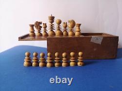 Old St. George pattern chess set with wooden box Vintage Wood Chess Set with Box