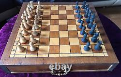 Old Vintage Wooden Chess Set Pieces And Board /Box & Drawer Large 41cm Heavy 3kg