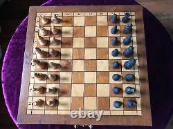 Old Vintage Wooden Chess Set Pieces And Board /Box & Drawer Large 41cm Heavy 3kg