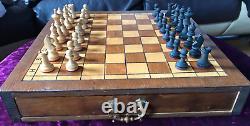 Old Vintage Wooden Chess Set Pieces And Board /Box & Drawer Large 41cm Heavy 3kg