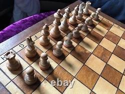 Old Vintage Wooden Chess Set Pieces And Board /Box & Drawer Large 41cm Heavy 3kg