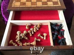 Old Vintage Wooden Chess Set Pieces And Board /Box & Drawer Large 41cm Heavy 3kg