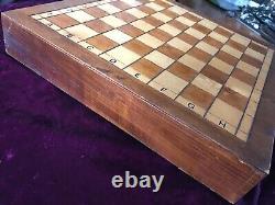 Old Vintage Wooden Chess Set Pieces And Board /Box & Drawer Large 41cm Heavy 3kg