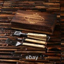 Personalised Barbecue Tools 3pc BBQ Grill Set with Wooden Box Holiday Gift Set