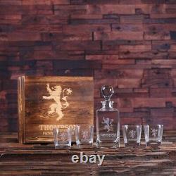 Personalised Lion Monogram Whisky Decanter Set with Whisky Glasses and Wooden Box