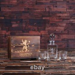 Personalised Lion Monogram Whisky Decanter Set with Whisky Glasses and Wooden Box