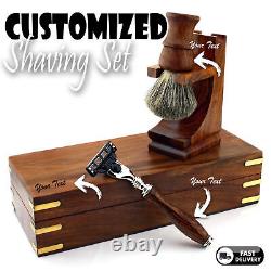 Personalized 4 Pcs Wooden Men Shaving Kit Set with Brush Razor Stand Shaving Box