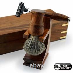 Personalized 4 Pcs Wooden Men Shaving Kit Set with Brush Razor Stand Shaving Box