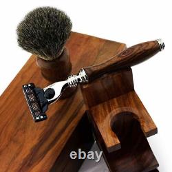 Personalized 4 Pcs Wooden Men Shaving Kit Set with Brush Razor Stand Shaving Box