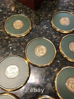 Presidents Club Leather/Brass Coaster Set in Wooden Box RARE Merrill Lynch Vtg