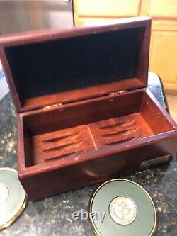 Presidents Club Leather/Brass Coaster Set in Wooden Box RARE Merrill Lynch Vtg