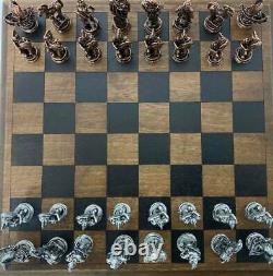 Puzzle Box Wooden Chess Set with Trojan War metal chess pieces Handmade Wood Art
