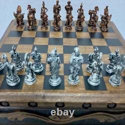 Puzzle Box Wooden Chess Set with Trojan War metal chess pieces Handmade Wood Art