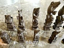 RARE VINTAGE SUNDA ISLANDS (BALI) HAND CARVED WOOD FROGS CHESS SET WithSTORAGE BOX