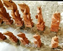 RARE VINTAGE SUNDA ISLANDS (BALI) HAND CARVED WOOD FROGS CHESS SET WithSTORAGE BOX