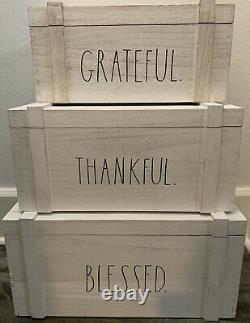 Rae Dunn White Washed Wood Box Hinged Lid Set Grateful Thankful & Blessed NEW