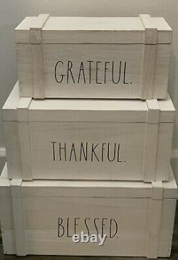 Rae Dunn White Washed Wood Box Hinged Lid Set Grateful Thankful & Blessed NEW