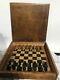 Rare Antique Vintage English Travel Chess Set Pegged Pieces In 8 X 8 Solid Box