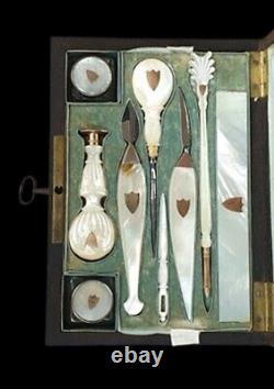 Rare Antique France Mother Of Pearl Writing Set Within Wooden Box & Key, 19th