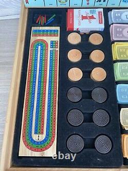 Rare Wooden Board Game Box Monopoly Cribbage Chess Checkers Cluedo Deluxe Set