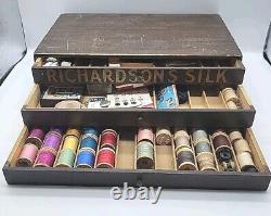 Richardson's Silk Antique 3 Drawer Wooden Sewing Box, Set 76 Spools, Thread, More