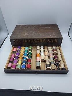 Richardson's Silk Antique 3 Drawer Wooden Sewing Box, Set 76 Spools, Thread, More