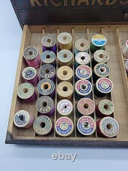 Richardson's Silk Antique 3 Drawer Wooden Sewing Box, Set 76 Spools, Thread, More