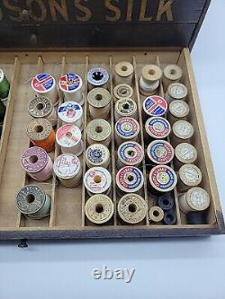 Richardson's Silk Antique 3 Drawer Wooden Sewing Box, Set 76 Spools, Thread, More