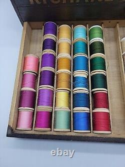 Richardson's Silk Antique 3 Drawer Wooden Sewing Box, Set 76 Spools, Thread, More