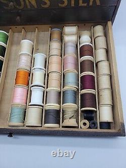 Richardson's Silk Antique 3 Drawer Wooden Sewing Box, Set 76 Spools, Thread, More