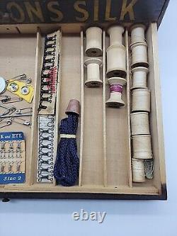 Richardson's Silk Antique 3 Drawer Wooden Sewing Box, Set 76 Spools, Thread, More