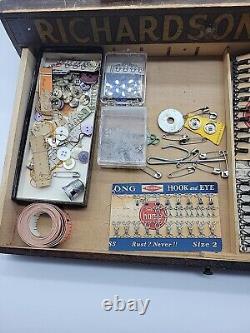 Richardson's Silk Antique 3 Drawer Wooden Sewing Box, Set 76 Spools, Thread, More