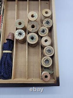 Richardson's Silk Antique 3 Drawer Wooden Sewing Box, Set 76 Spools, Thread, More