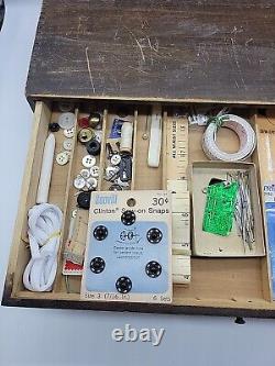 Richardson's Silk Antique 3 Drawer Wooden Sewing Box, Set 76 Spools, Thread, More